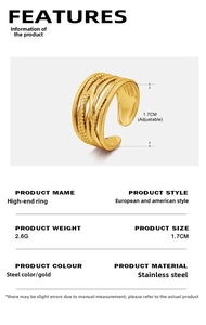 Detail info showing 18K gold plated layered ring dimensions and 2.6g lightweight design
