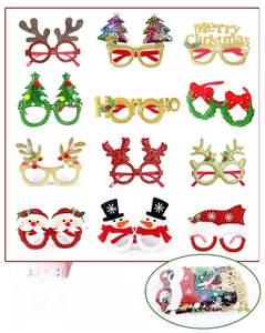 Set of 12 festive Christmas glasses featuring reindeer antlers, trees and sequins in an OPP bag