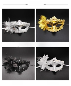 Detail view of venetian masks featuring floral lace textures and teardrop gemstones