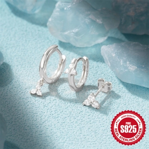 Classic S925 sterling silver three-piece earring set with sparkling zircon clover designs