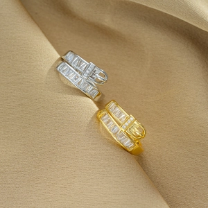 Detailed view of luxury gold and silver belt buckle rings with sparkling crystals