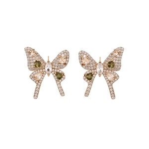 Vintage rose gold butterfly stud earrings with sparkling zircons and green gemstone accents