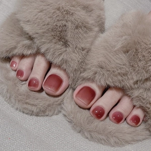 Glossy Wine Red Toe Press On Nails Solid Color Jelly Texture Glossy False Pedicure Nails For Women