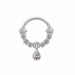 Detailed view of silver stainless steel nose ring with teardrop zirconia pendant