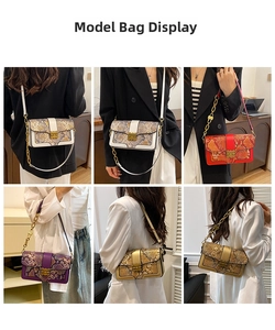 Model wearing vintage snakeskin crossbody bags in four vibrant colors with chain straps
