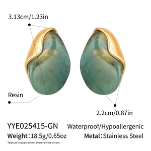 Detailed specs of green resin and gold stainless steel earrings with precise dimensions
