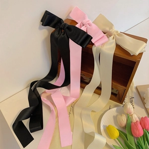 French style long ribbon bow hair clips in black, pink, and cream white silk fabric