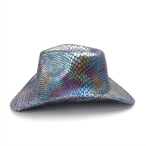 Detailed view of iridescent sequin fish scale texture on a colorful cowboy party hat
