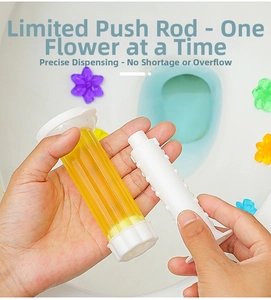 Detail of toilet cleaning gel stamp being applied to create a yellow flower shape