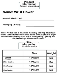 Detailed size chart for handmade fabric rose wrist flowers with specific dimensions