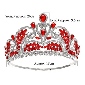Luxury silver bridal crown with red teardrop gemstones and white crystals, 18cm diameter