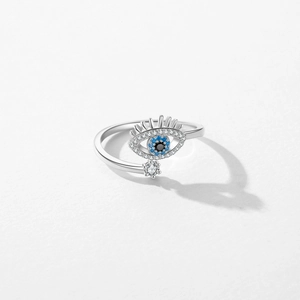 S925 sterling silver evil eye open ring featuring blue and black crystal accents