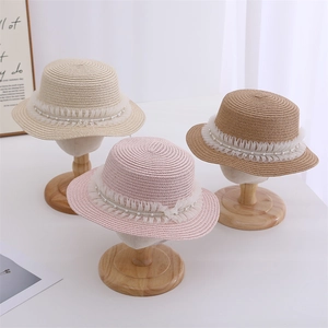 Summer lace and pearl straw sun hats for girls and women, featuring stylish wide brims
