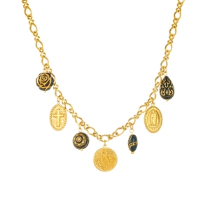 Baroque gold necklace with Santa Rita medallion and black resin flower charms