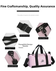 Detailed view of pink nylon pillow bag featuring metal zippers and adjustable straps