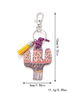 Leopard print cactus keychain with yellow tassel showing dimensions 12cm length and 11g weight