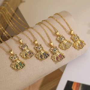 Teddy Bear Pendant Necklace 18K Gold Plated Copper Colorful Zircon Rhinestone Animal Clavicle Chain Jewelry For Women