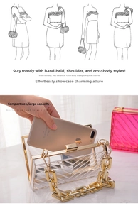 Detailed view of clear acrylic evening clutch with gold chain showing large capacity for phone