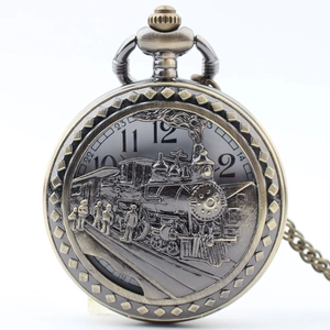 Vintage bronze pocket watch with hollow steam train locomotive relief and metal chain