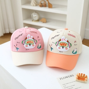 Chinese style cartoon bunny baseball caps for kids in pink and orange cotton fabric