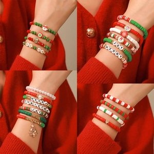 Christmas Beaded Bracelets Polymer Clay Alloy Santa Tree Letter Charms Festive Jewelry Holiday Gift