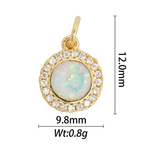 Detail view of round opal pendant with tiny zircon halo and size specs 12.0mm by 9.8mm