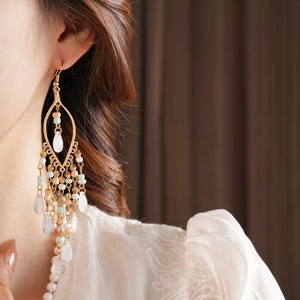 Detailed view of bohemian tassel earrings with colorful beads and teardrop pendants