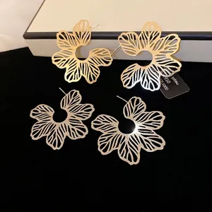 Flower Earrings For Women Large Hollow Petal Design Gold Plated Brass With 925 Sterling Silver Earring Post Luxury Style