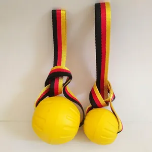 Interactive rubber dog training balls with German flag colored braided ropes for chewing