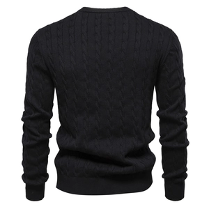 Detailed back view of men's black cable knit sweater with ribbed cuffs and hemline