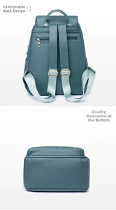 Detail of teal pebble leather backpack featuring back anti-theft pocket and flat bottom