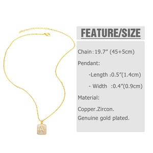 Macro detail of gold-plated square pendant necklace with cubic zirconia letter A design