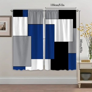 Detail of 130x160cm polyester curtain with blue, grey, and white geometric patterns