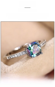 Macro shot of silver ring featuring a square rainbow gemstone and pavé-set accents