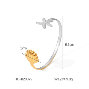 Adjustable two-tone starfish and seashell open bangle with size and weight annotations
