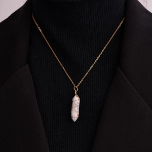 Minimalist natural stone hexagonal crystal pendant necklace with golden chain on model