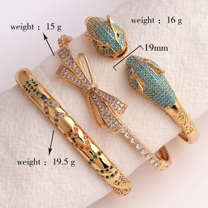 Luxury gold plated bangle set with crystal leopard, bow and colorful zircon accents