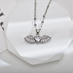 Silver angel wings heart necklace with sparkling clear cubic zirconia crystals pendant