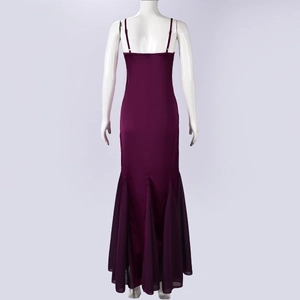 Detail of deep purple satin evening gown with thin straps and layered fishtail hem