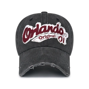 Retro distressed cotton baseball cap with Orlando Original 01 embroidery and torn brim