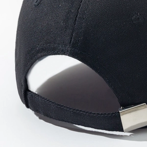 Rear view of black baseball cap with 3D embroidery and adjustable metal buckle strap