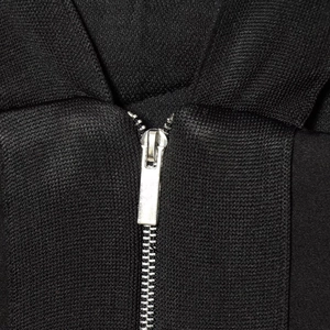Tight black bodycon dress featuring wide shoulder straps and a metallic front zipper detail
