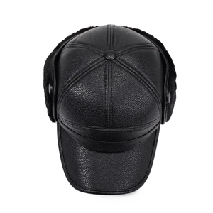 Winter faux leather earflap hat for men with warm faux fur lining and windproof brim
