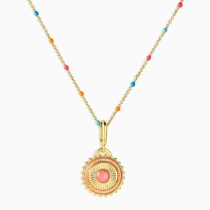 Detailed view of bohemian gold sun pendant necklace with vibrant multicolor beads