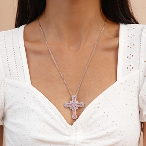 Collier Pendentif Croix Cuivre Zircon Rose Élégant Mode Luxe Bijoux Minimalistes Pour Femmes