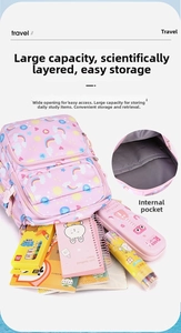 Pink school backpack with large main compartment and organized interior storage pockets