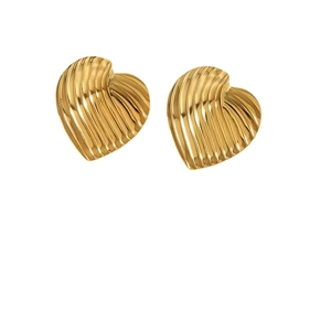 Elegant gold heart stud earrings with vintage vertical wavy texture on white background