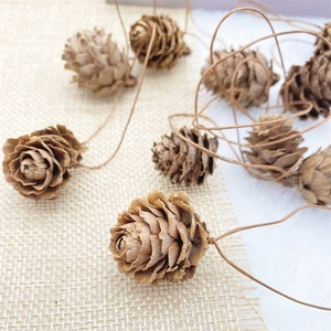 Close-up of natural wooden pine cones with textured scales on rustic burlap backdrop