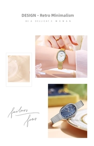 Detailed view of oval quartz watch with mother-of-pearl dial and mesh strap