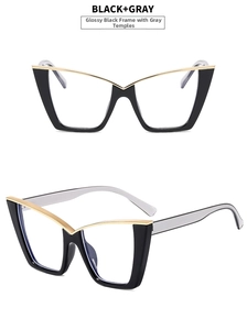 Detail of cat-eye anti-blue light glasses frame in black and gray with gold accents